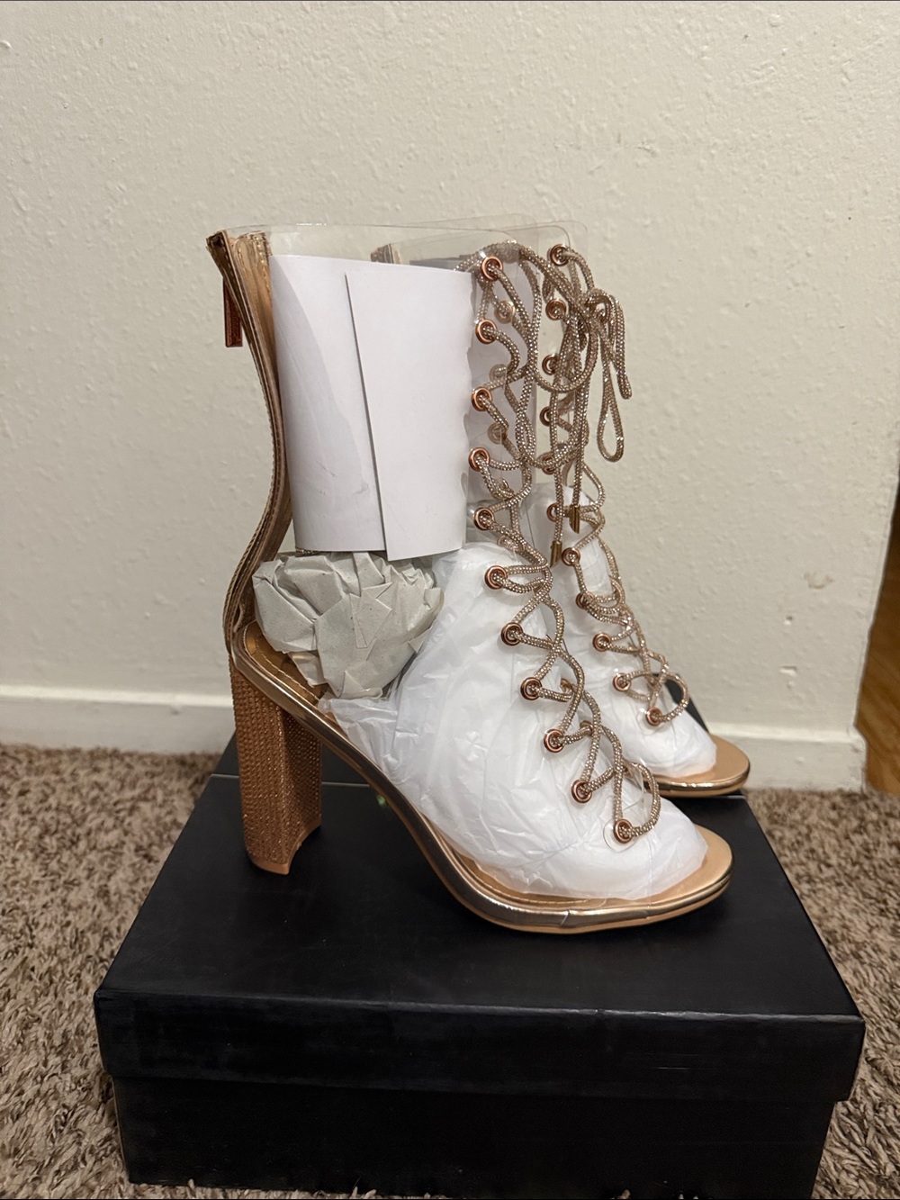 Cape Robbin transparent Lace-Up Heeled Boots with Rose Gold Trim